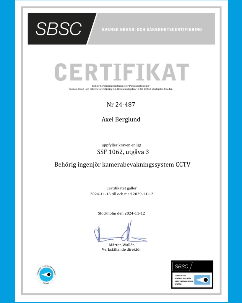 Certifikat behörig ingenjör kameraövervakning